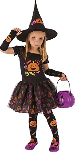 Rubies Costume da Strega Candy per bambina, Abito da strega con maniche, calze e cappello con disegni di zucca stampati, Origina