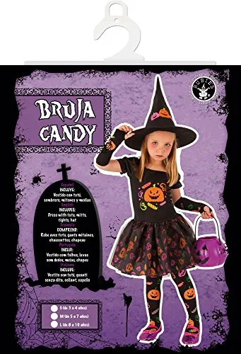 Rubies Costume da Strega Candy per bambina, Abito da strega con maniche, calze e cappello con disegni di zucca stampati, Origina