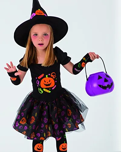 Rubies Costume da Strega Candy per bambina, Abito da strega con maniche, calze e cappello con disegni di zucca stampati, Origina