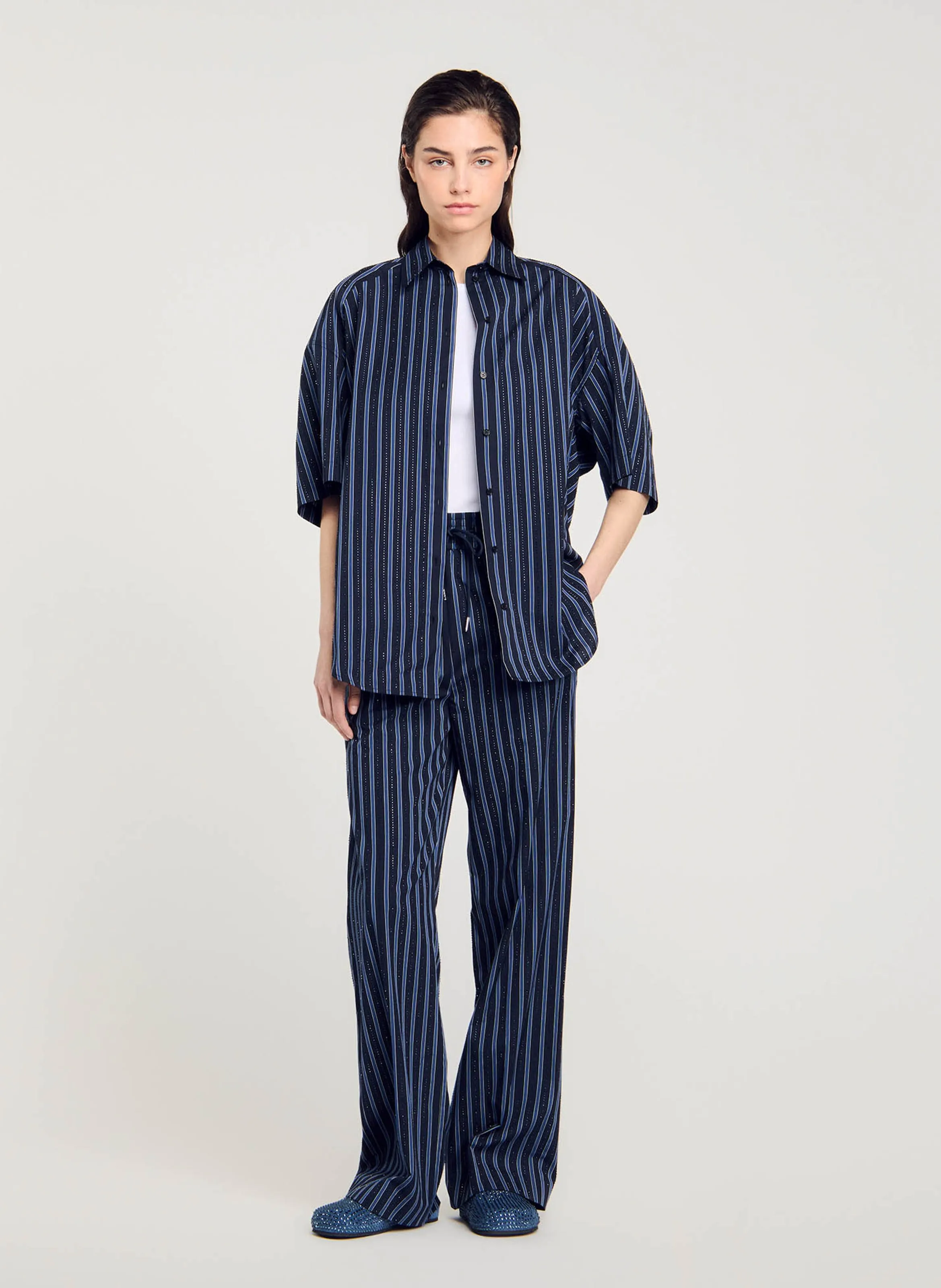  SANDRO   Camicia ampia in cotone con strass e cravatta | Blu