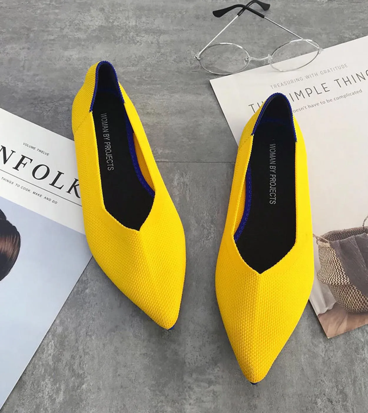 Scarpe da donna in maglia elasticizzata di colore misto giallo blu viola traspiranti, slipon, ballerine da donna, pagnotta da gu