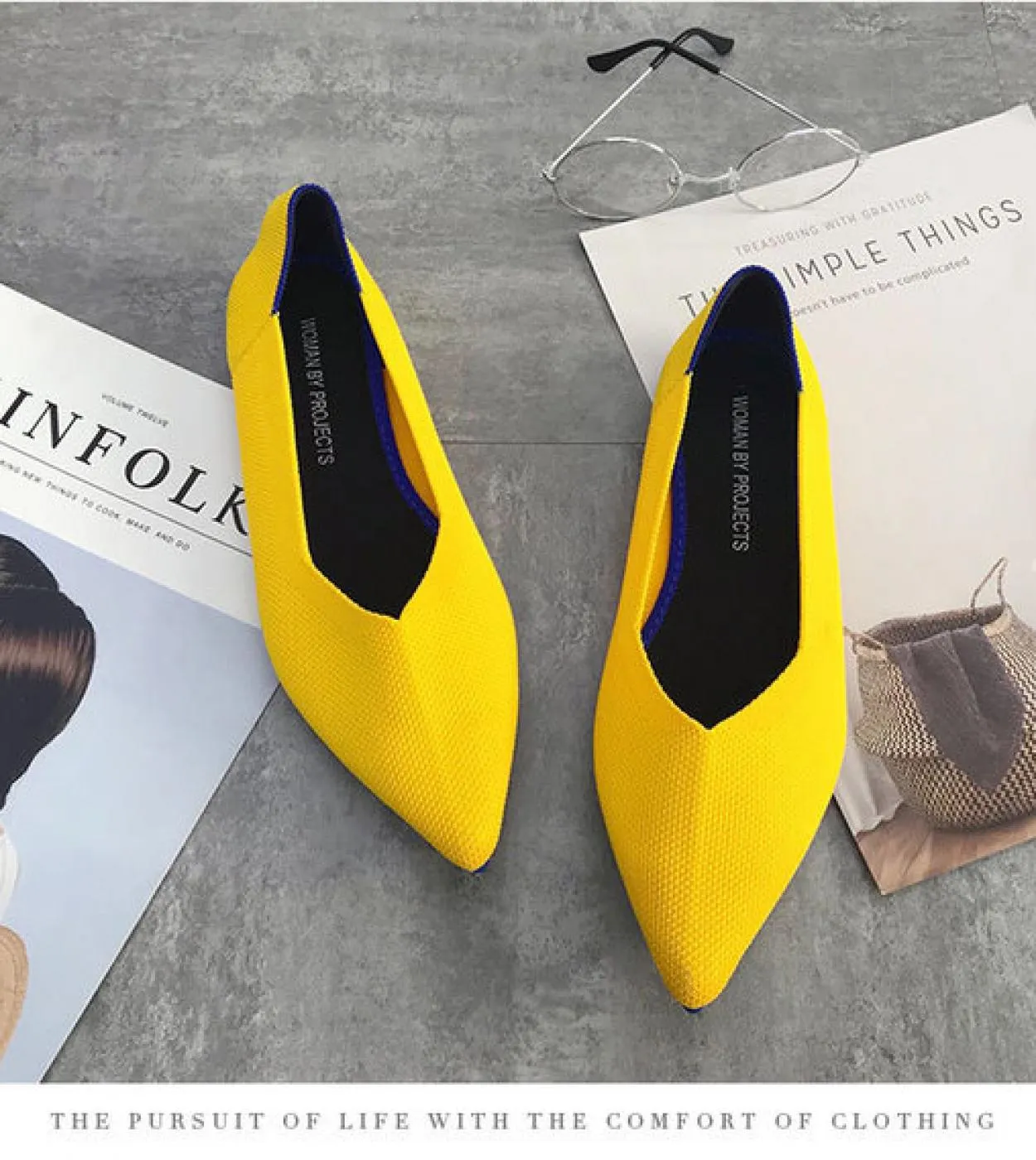 Scarpe da donna in maglia elasticizzata di colore misto giallo blu viola traspiranti, slipon, ballerine da donna, pagnotta da gu