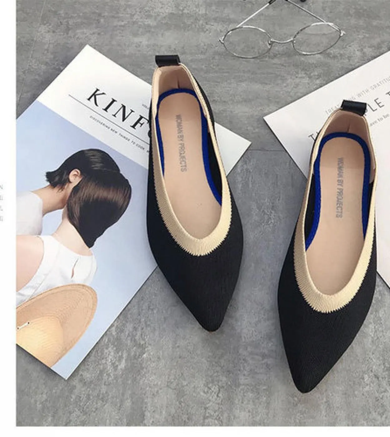 Scarpe da donna in maglia elasticizzata di colore misto giallo blu viola traspiranti, slipon, ballerine da donna, pagnotta da gu