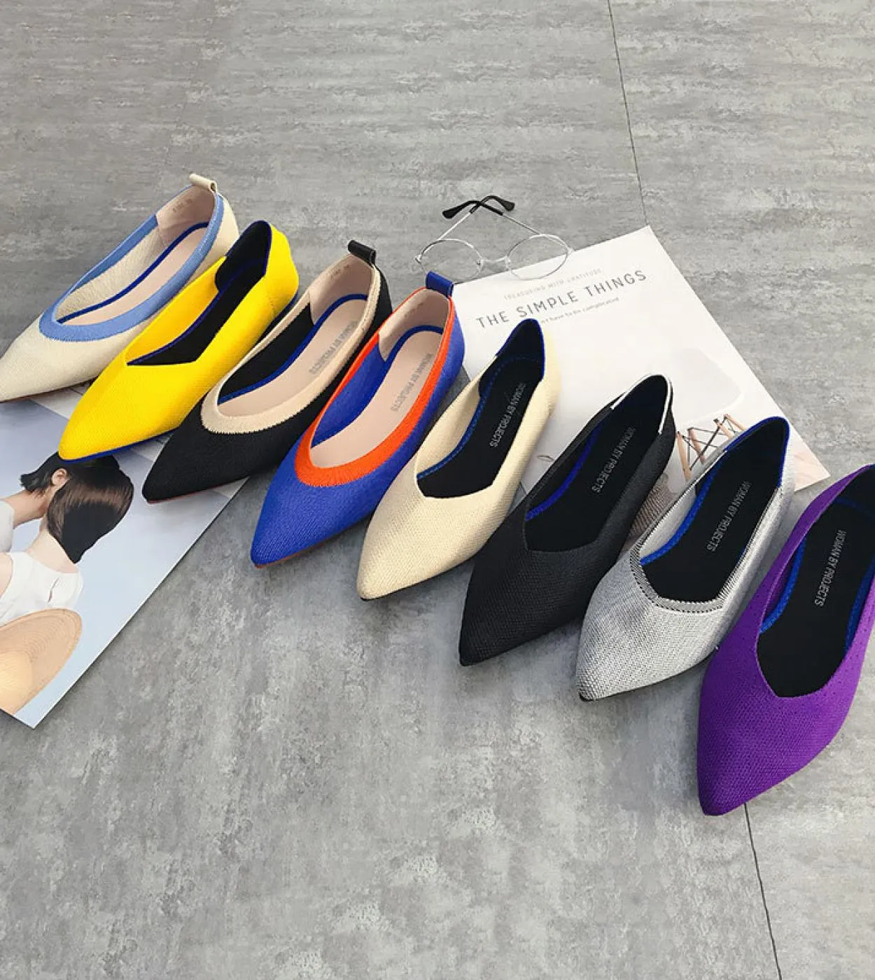 Scarpe da donna in maglia elasticizzata di colore misto giallo blu viola traspiranti, slipon, ballerine da donna, pagnotta da gu