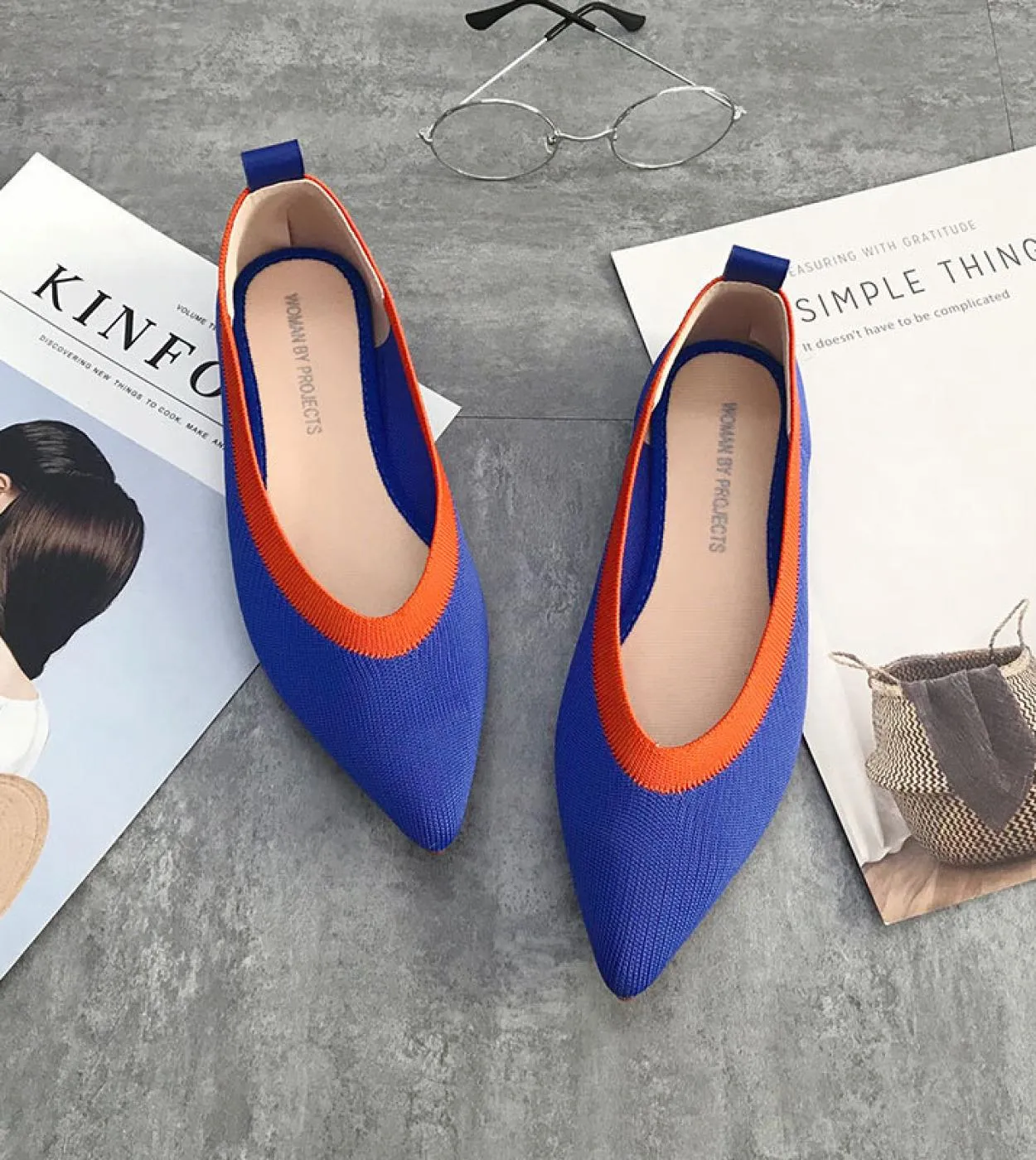 Scarpe da donna in maglia elasticizzata di colore misto giallo blu viola traspiranti, slipon, ballerine da donna, pagnotta da gu