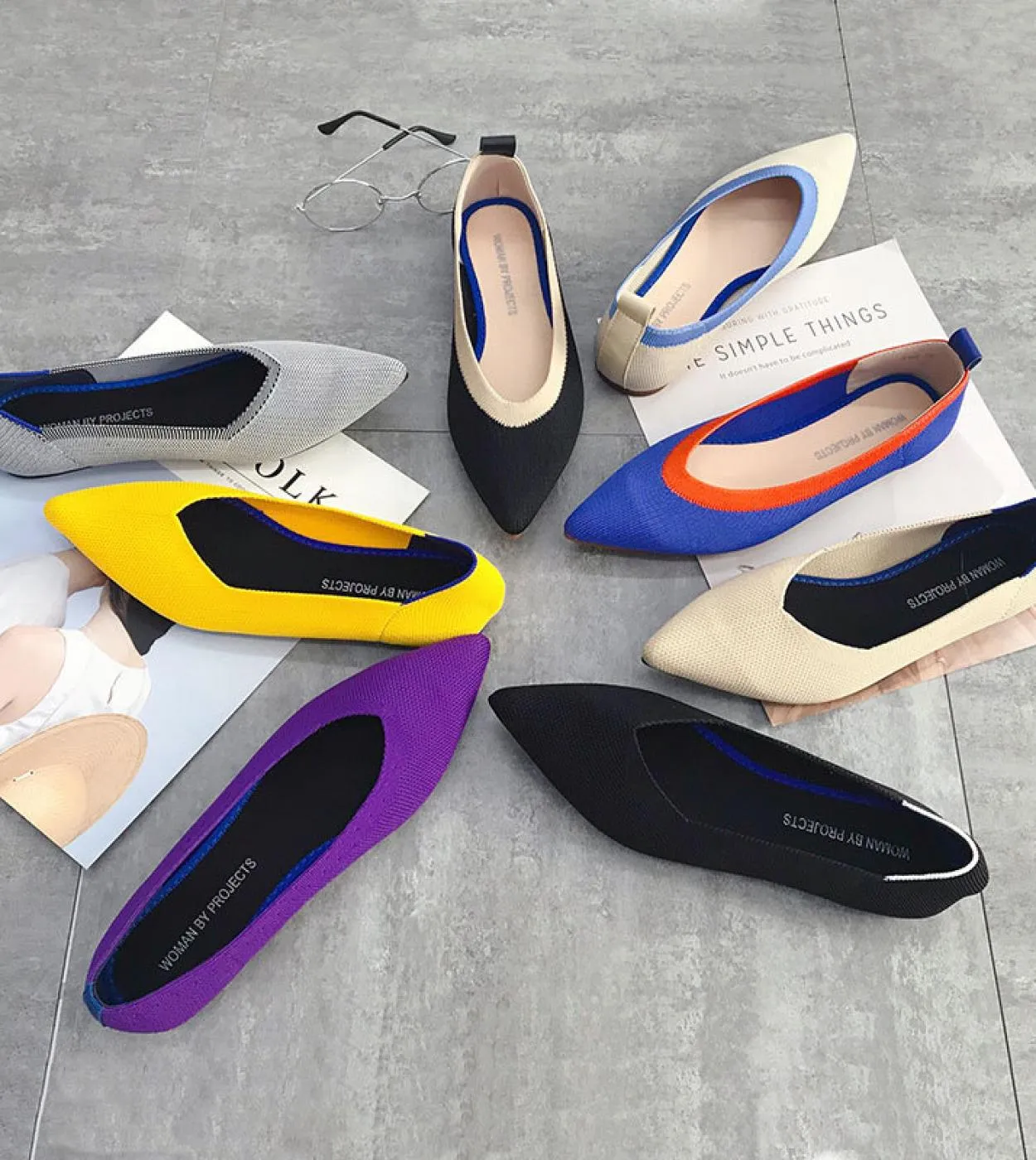 Scarpe da donna in maglia elasticizzata di colore misto giallo blu viola traspiranti, slipon, ballerine da donna, pagnotta da gu