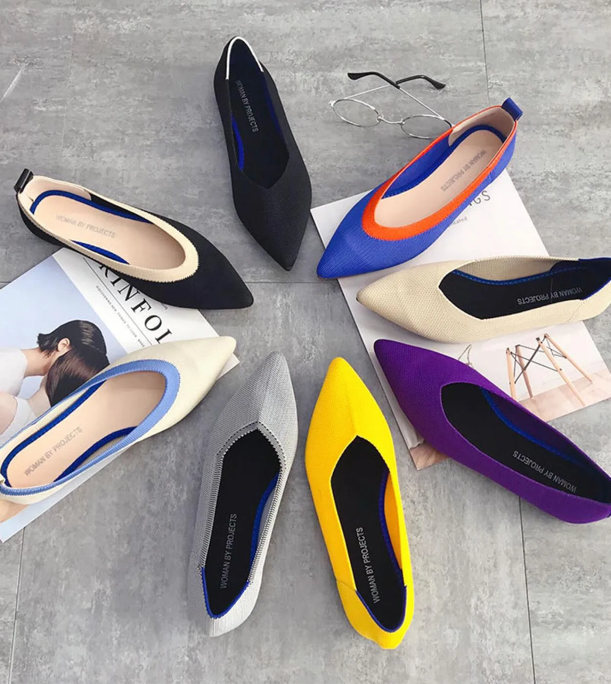 Scarpe da donna in maglia elasticizzata di colore misto giallo blu viola traspiranti, slipon, ballerine da donna, pagnotta da gu