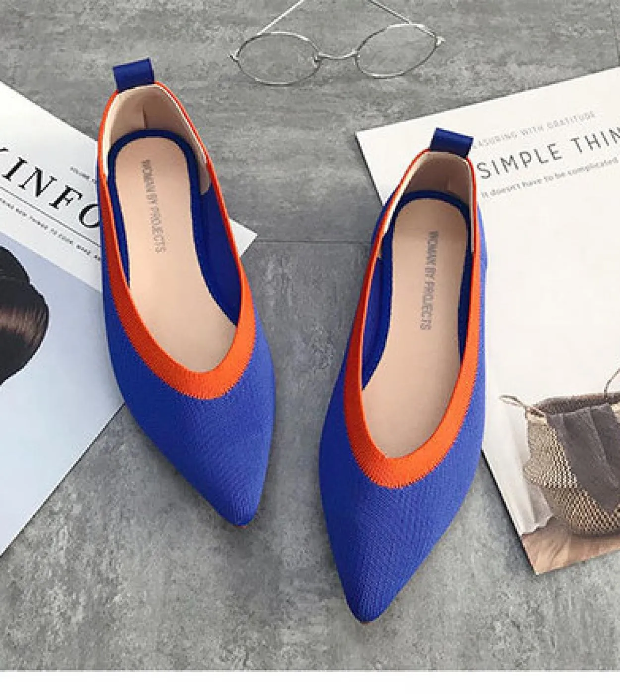 Scarpe da donna in maglia elasticizzata di colore misto giallo blu viola traspiranti, slipon, ballerine da donna, pagnotta da gu