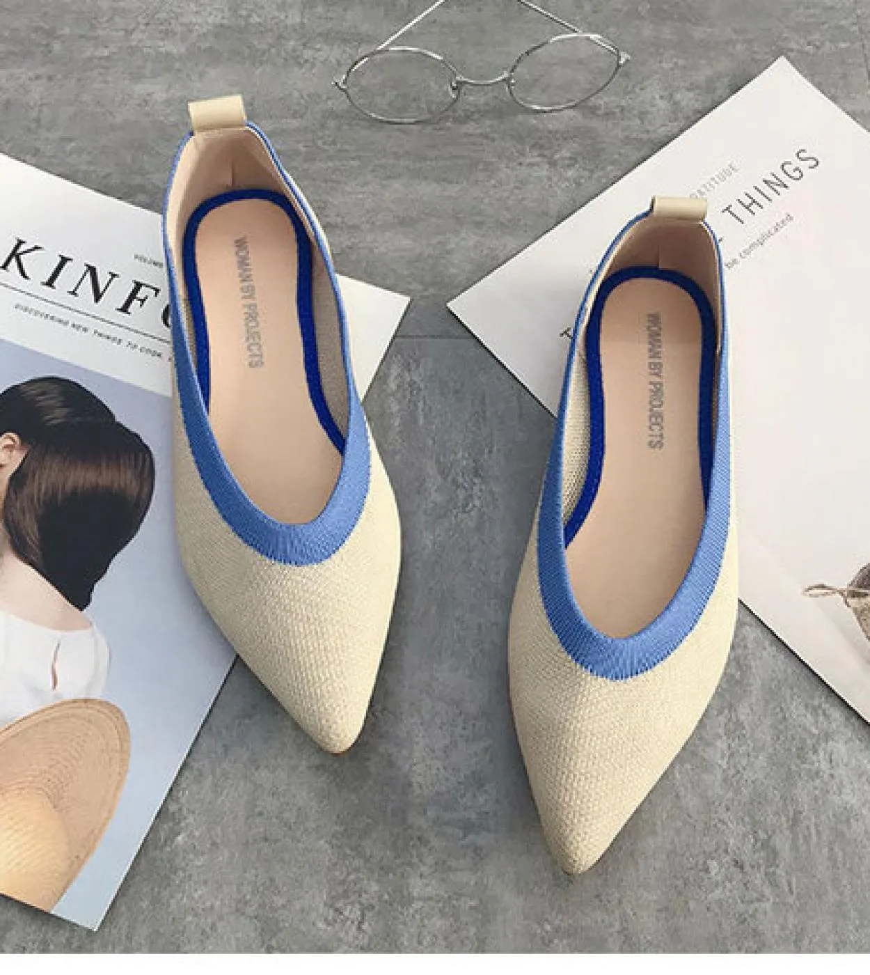 Scarpe da donna in maglia elasticizzata di colore misto giallo blu viola traspiranti, slipon, ballerine da donna, pagnotta da gu