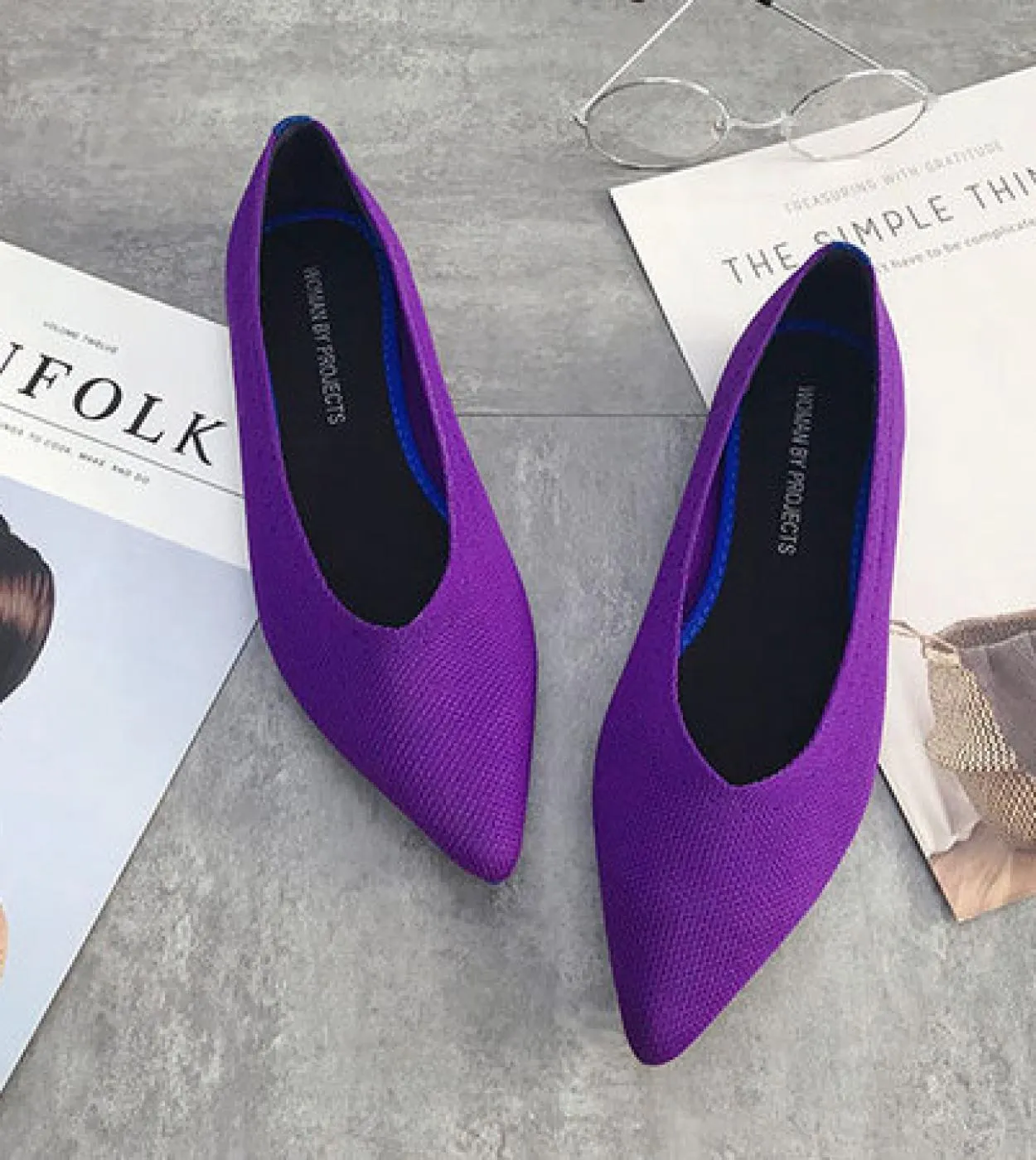 Scarpe da donna in maglia elasticizzata di colore misto giallo blu viola traspiranti, slipon, ballerine da donna, pagnotta da gu