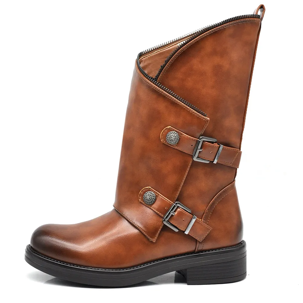 Scarpe Stivali Biker da Donna Fibbie Anfibi al Polpaccio Largo con Bottoni GL132