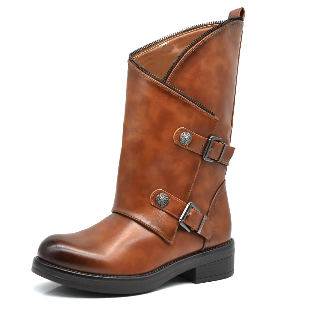 Scarpe Stivali Biker da Donna Fibbie Anfibi al Polpaccio Largo con Bottoni GL132