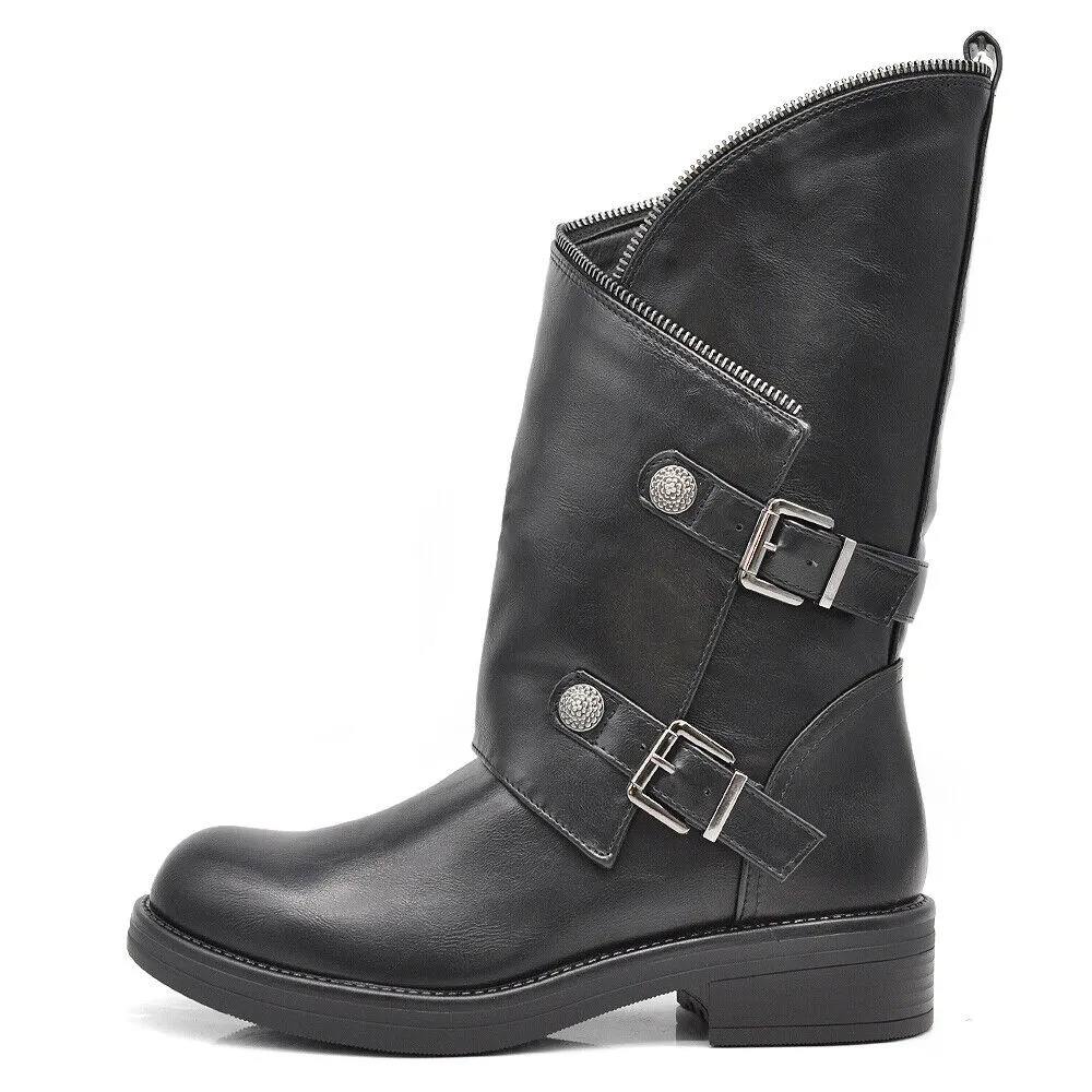Scarpe Stivali Biker da Donna Fibbie Anfibi al Polpaccio Largo con Bottoni GL132