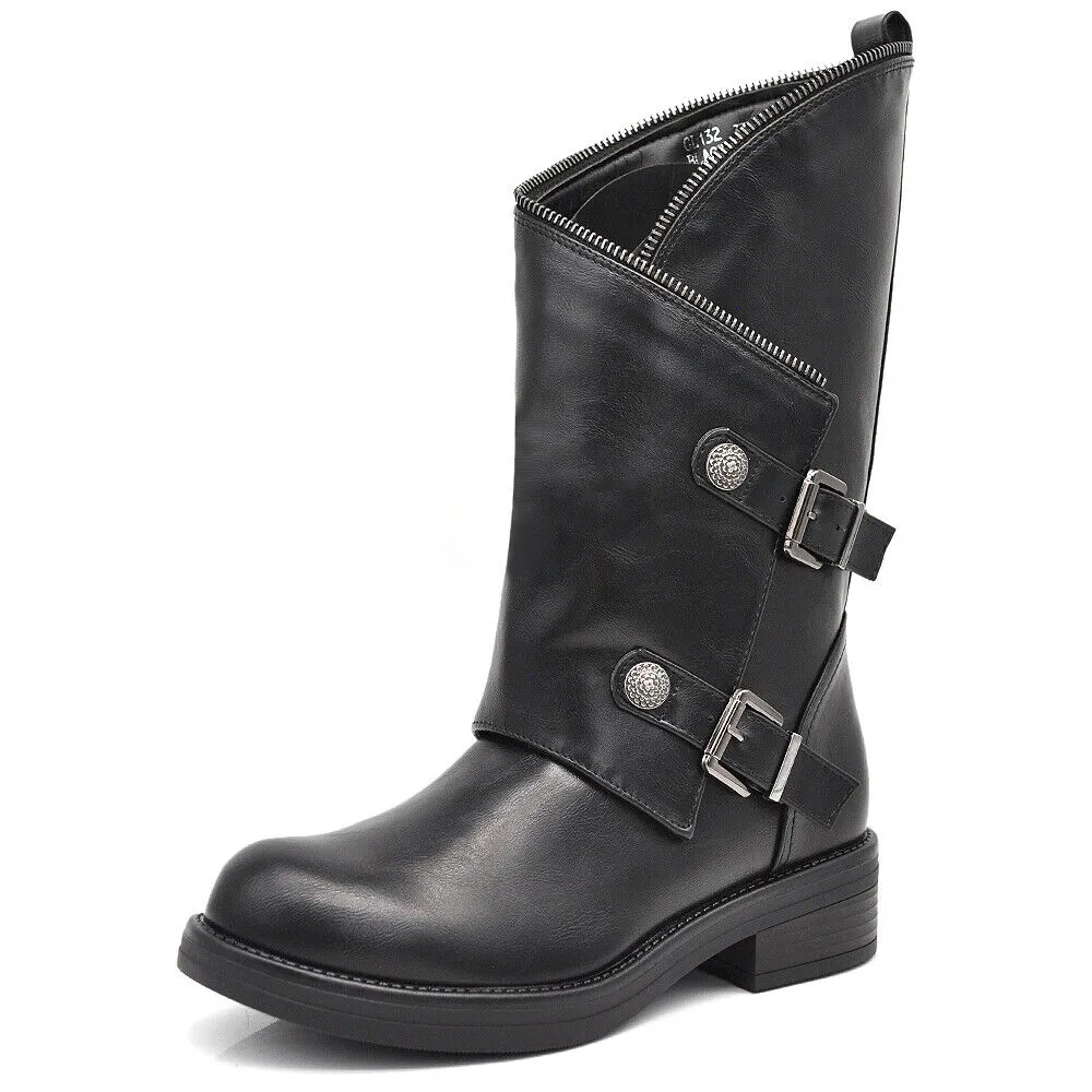 Scarpe Stivali Biker da Donna Fibbie Anfibi al Polpaccio Largo con Bottoni GL132