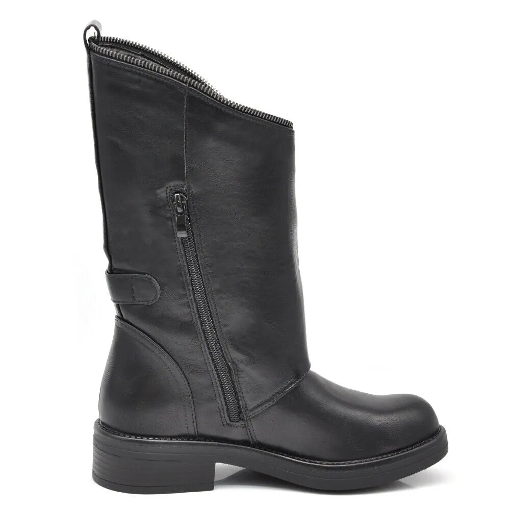 Scarpe Stivali Biker da Donna Fibbie Anfibi al Polpaccio Largo con Bottoni GL132