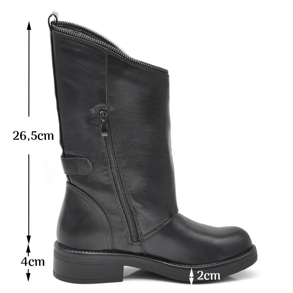 Scarpe Stivali Biker da Donna Fibbie Anfibi al Polpaccio Largo con Bottoni GL132