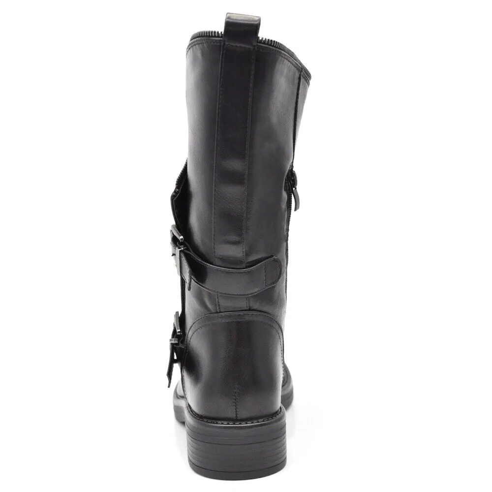 Scarpe Stivali Biker da Donna Fibbie Anfibi al Polpaccio Largo con Bottoni GL132
