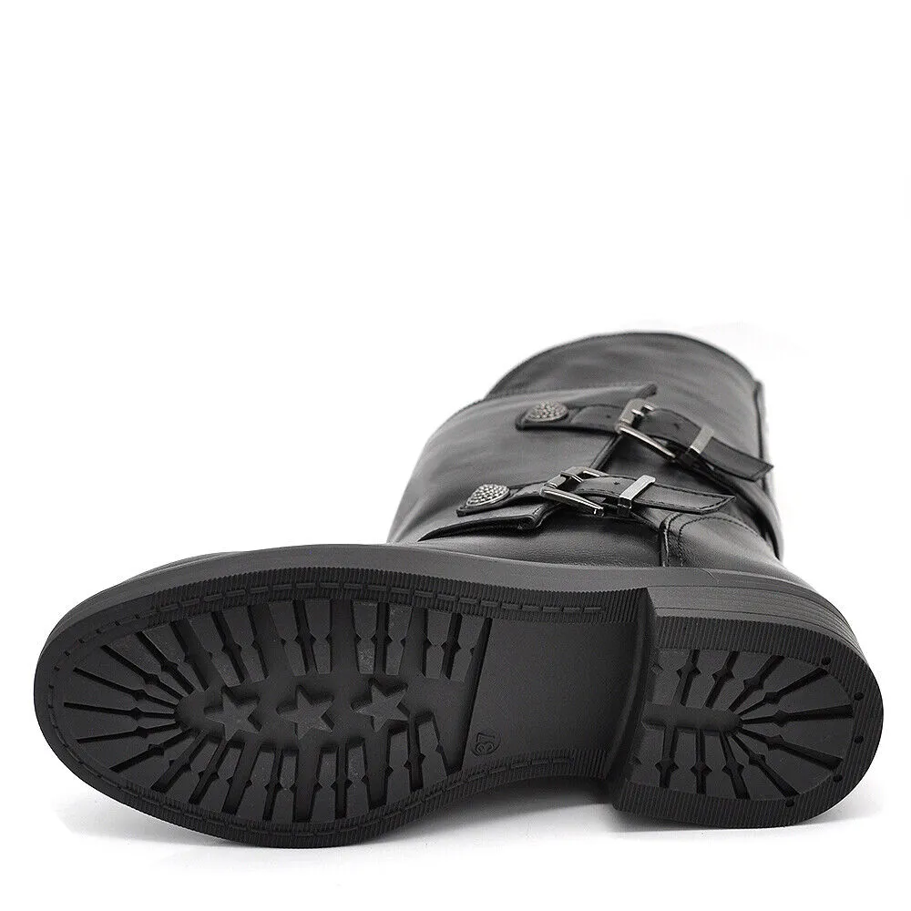 Scarpe Stivali Biker da Donna Fibbie Anfibi al Polpaccio Largo con Bottoni GL132