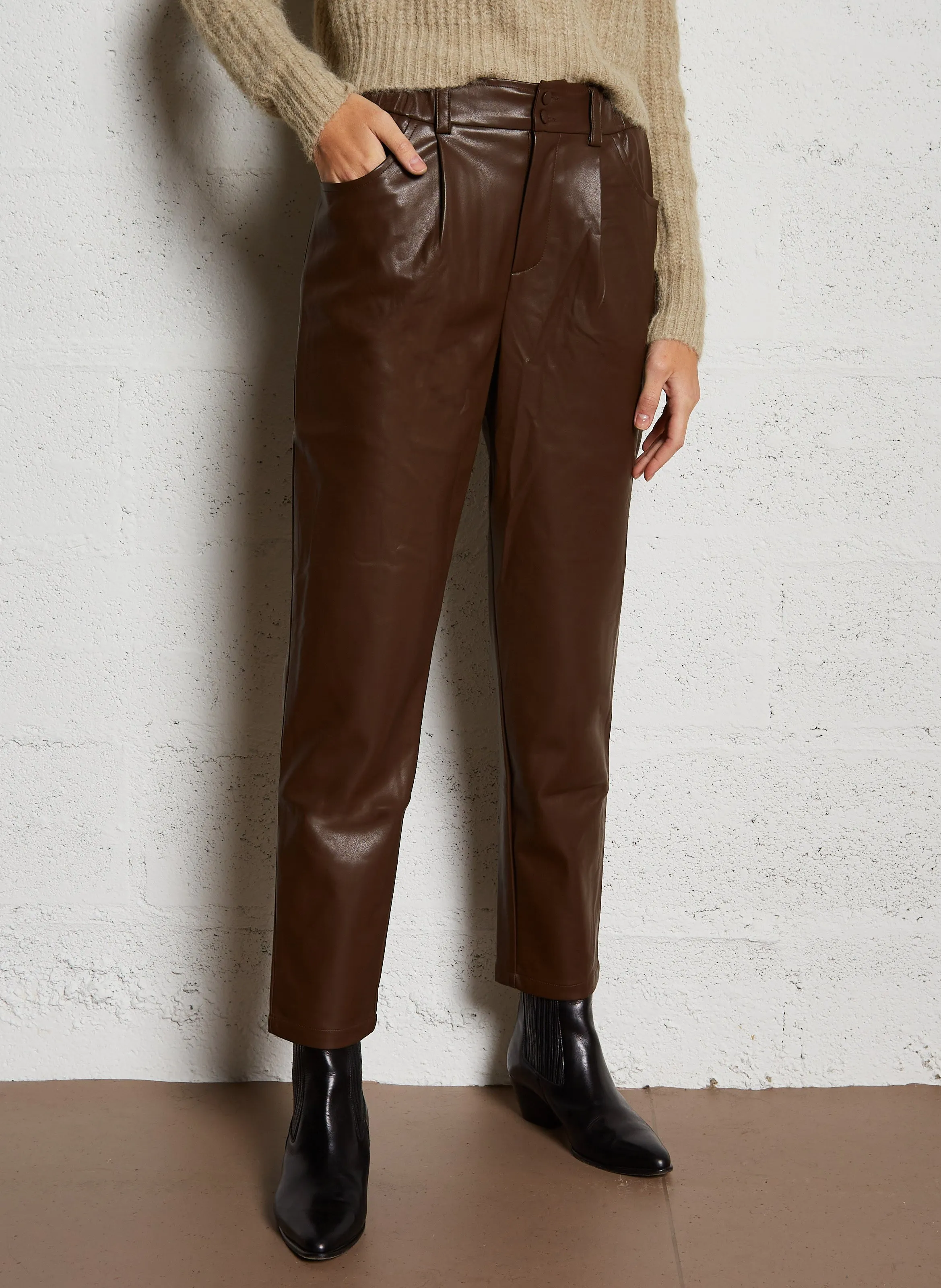  SEE U SOON   Pantaloni 7/8 effetto pelle | Marrone