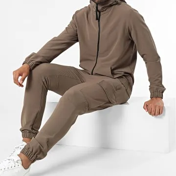 Set giacca con zip e pantaloni cargo marrone con cappuccio