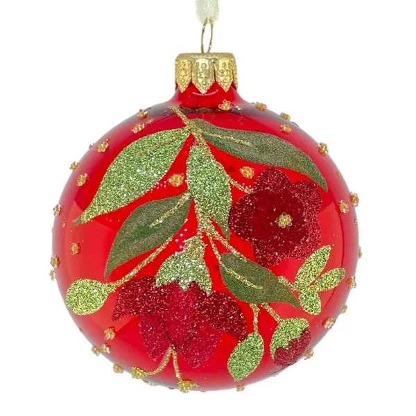 Sfera ø 8 cm in Vetro Rosso Trasparente con Fiori e Foglie Glitter