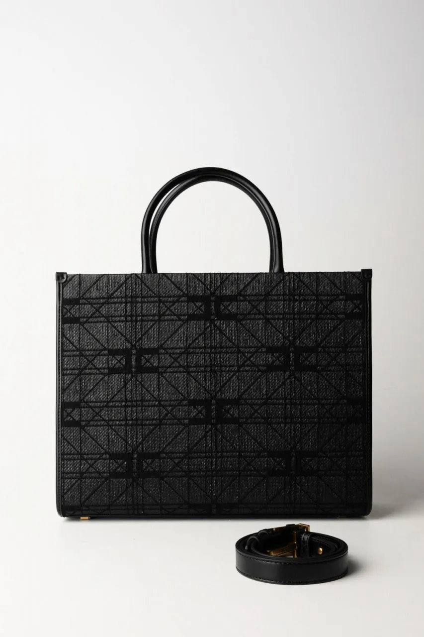 Shopper grande in rafia con logo Nero