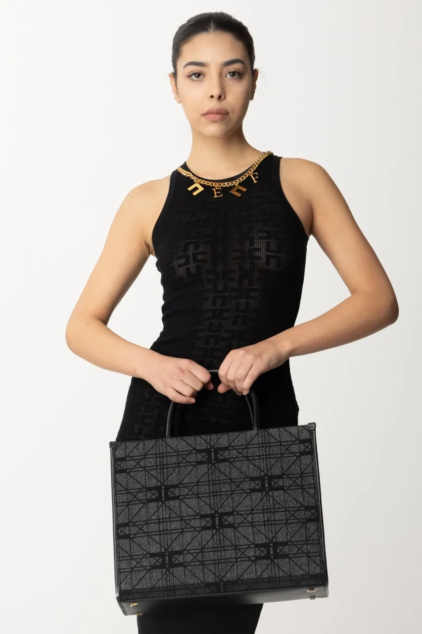 Shopper grande in rafia con logo Nero