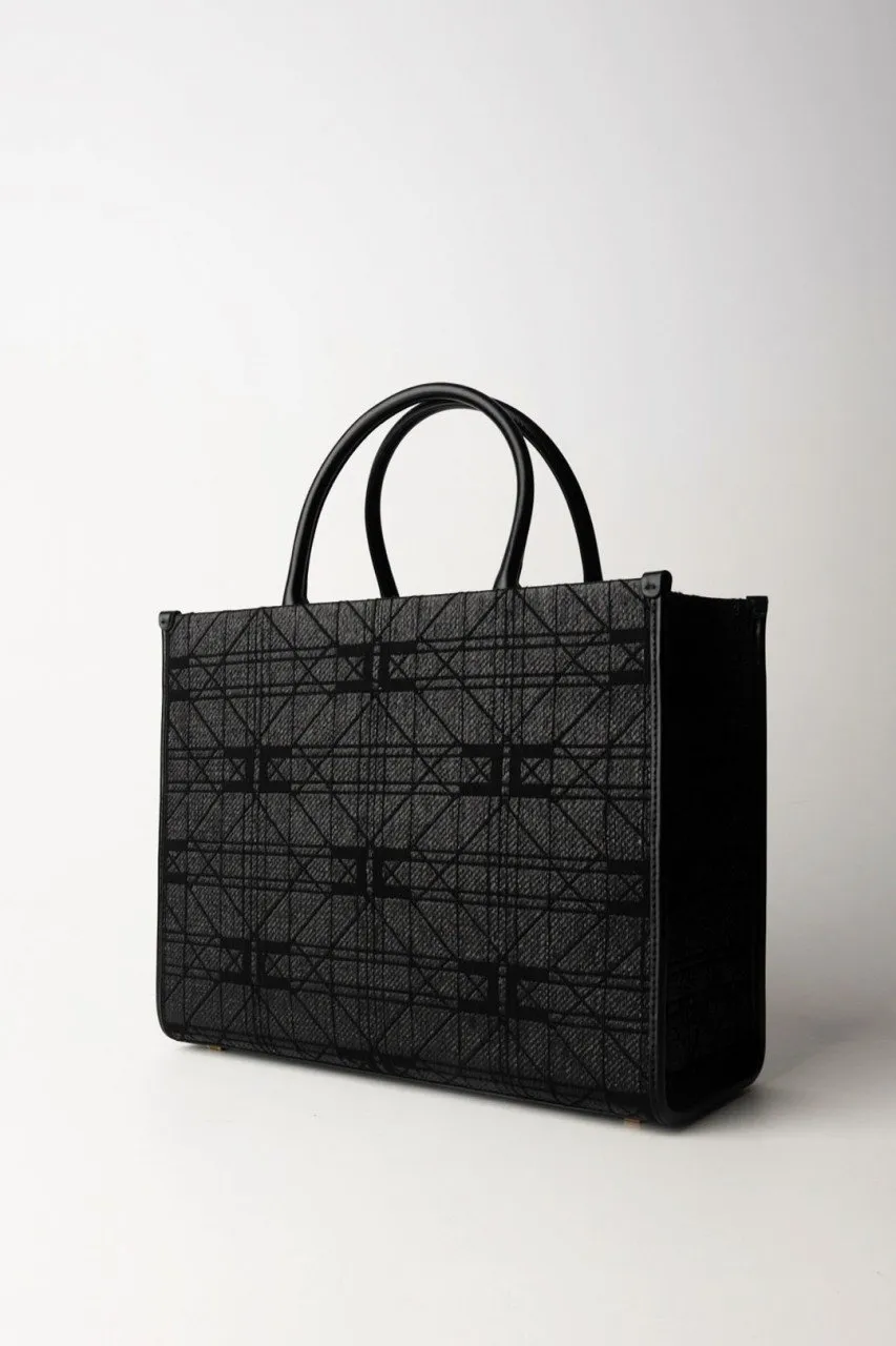 Shopper grande in rafia con logo Nero