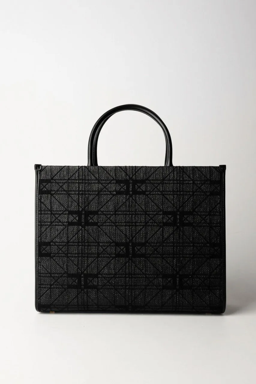 Shopper grande in rafia con logo Nero