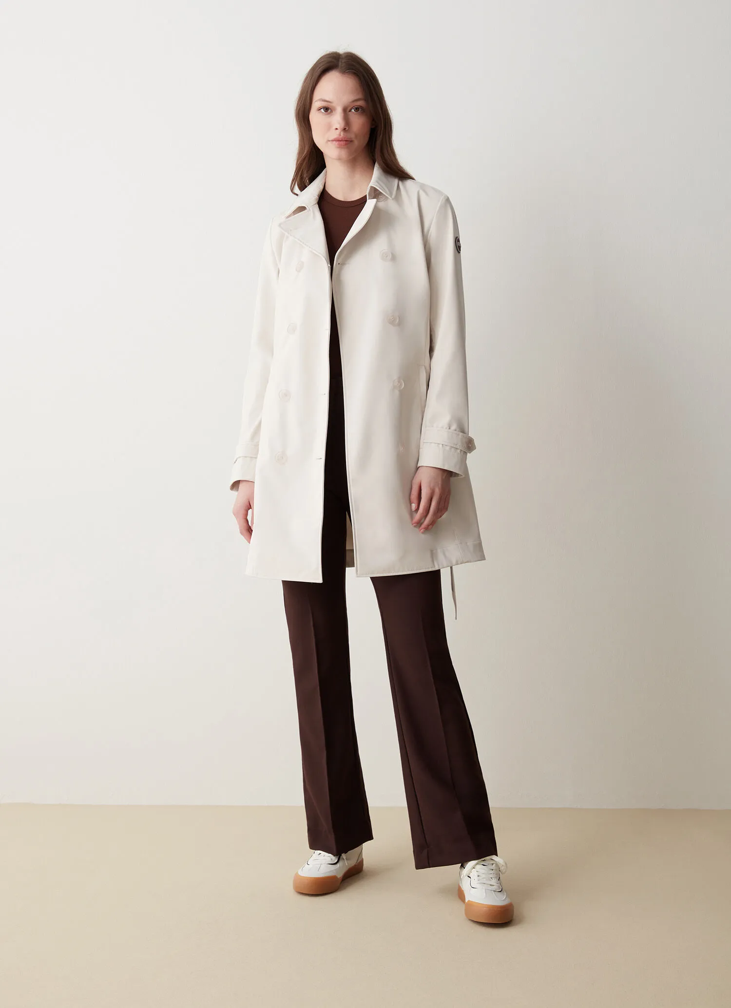 Softshell trench coat with belted waist
