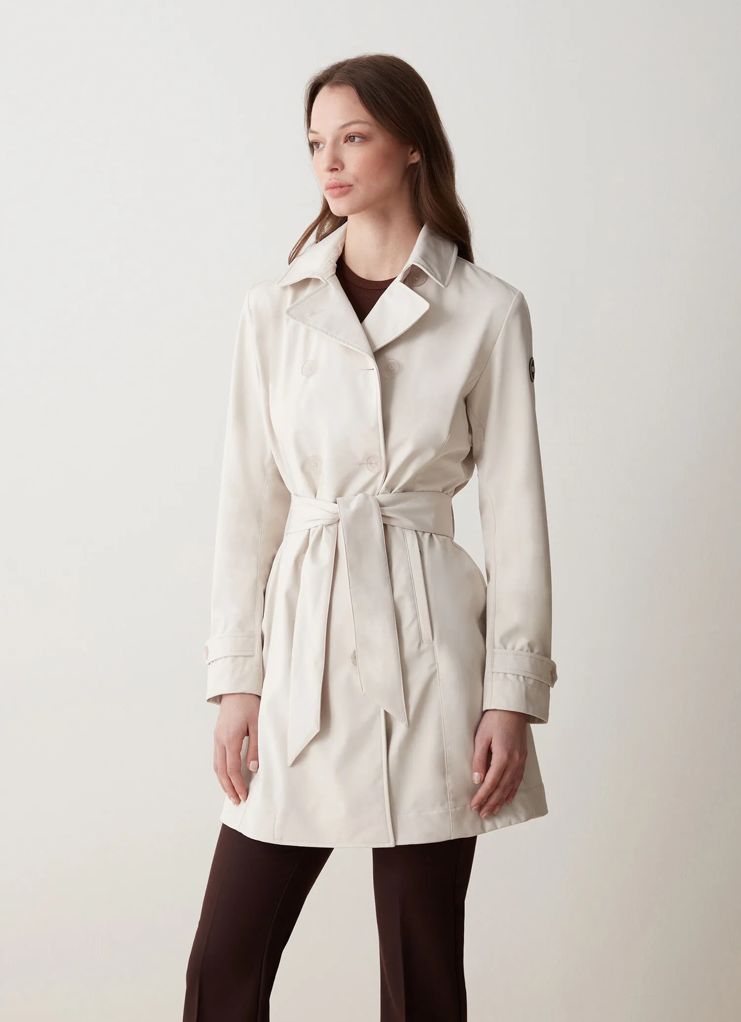 Softshell trench coat with belted waist