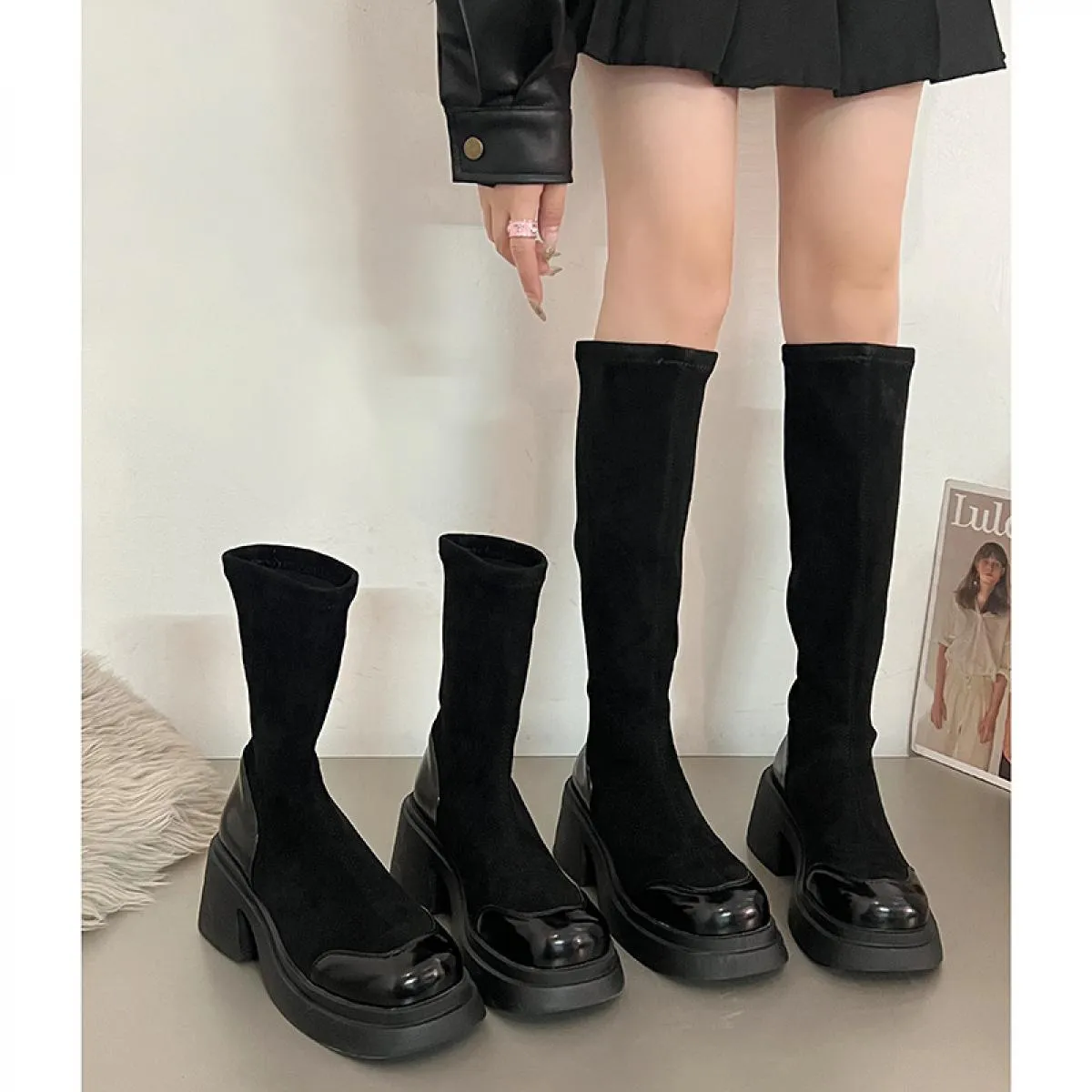 Stivali da donna con tacco grosso e tacco alto, alti, a calza, stivali alla moda, casual, con plateau, da donna, con tacco quadr