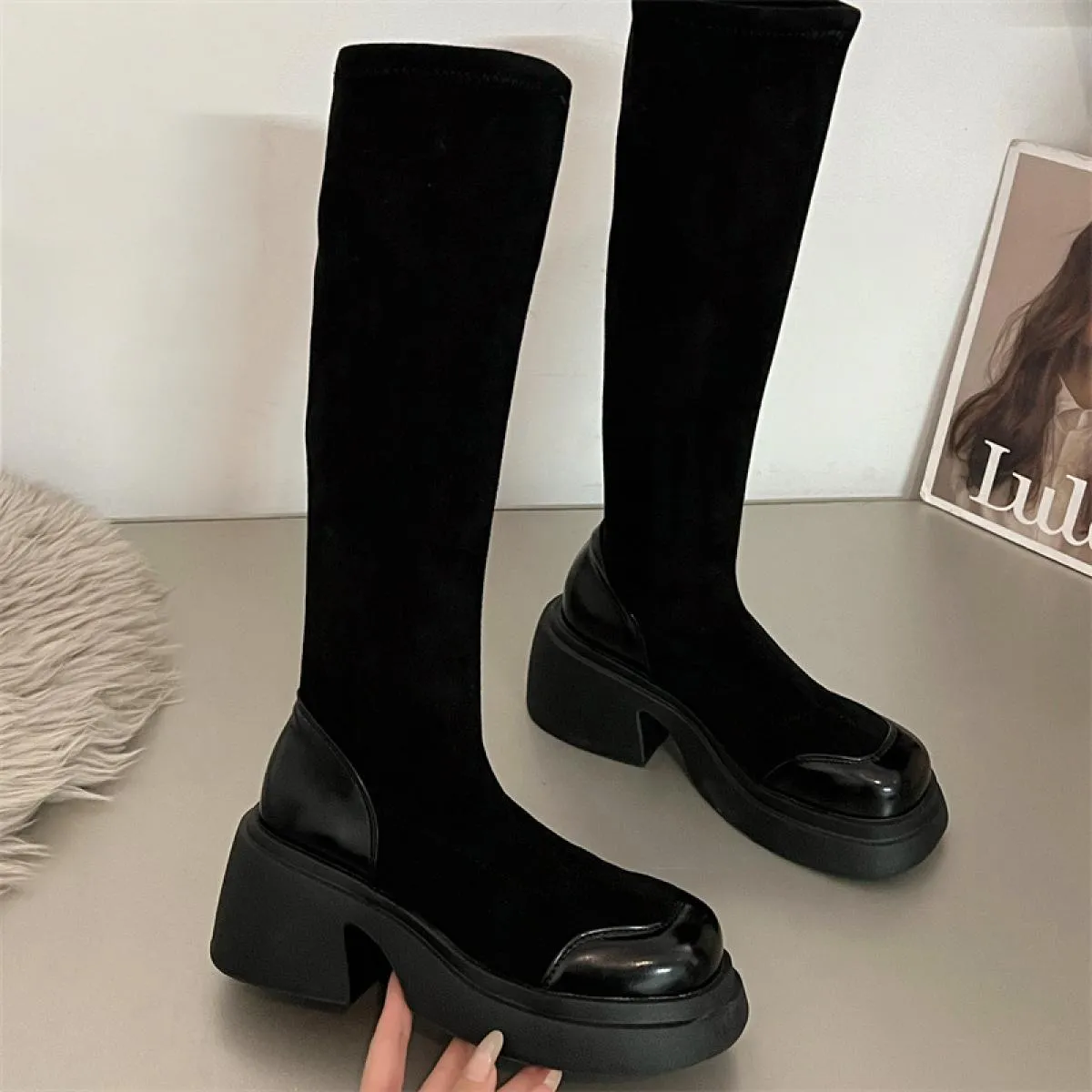 Stivali da donna con tacco grosso e tacco alto, alti, a calza, stivali alla moda, casual, con plateau, da donna, con tacco quadr