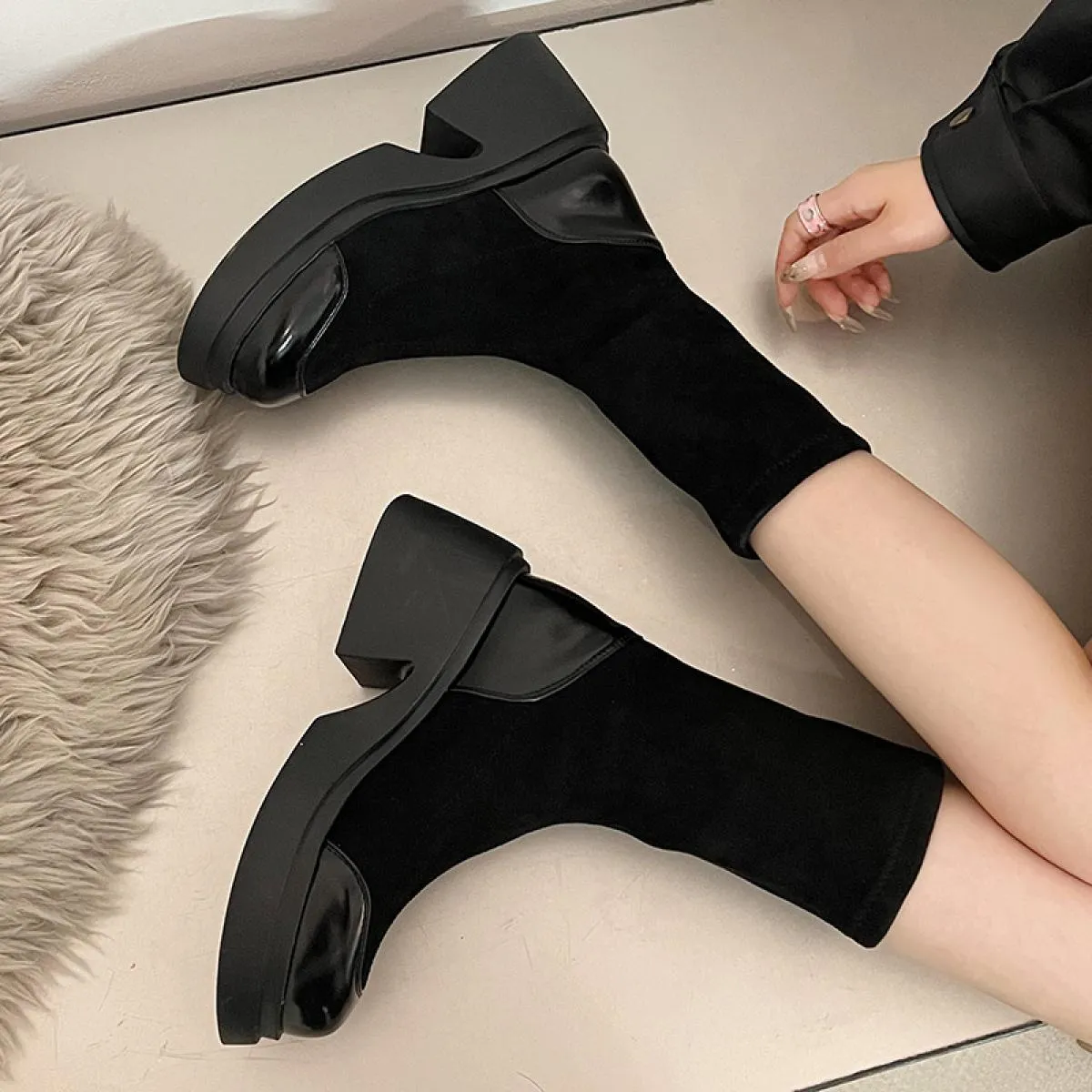 Stivali da donna con tacco grosso e tacco alto, alti, a calza, stivali alla moda, casual, con plateau, da donna, con tacco quadr
