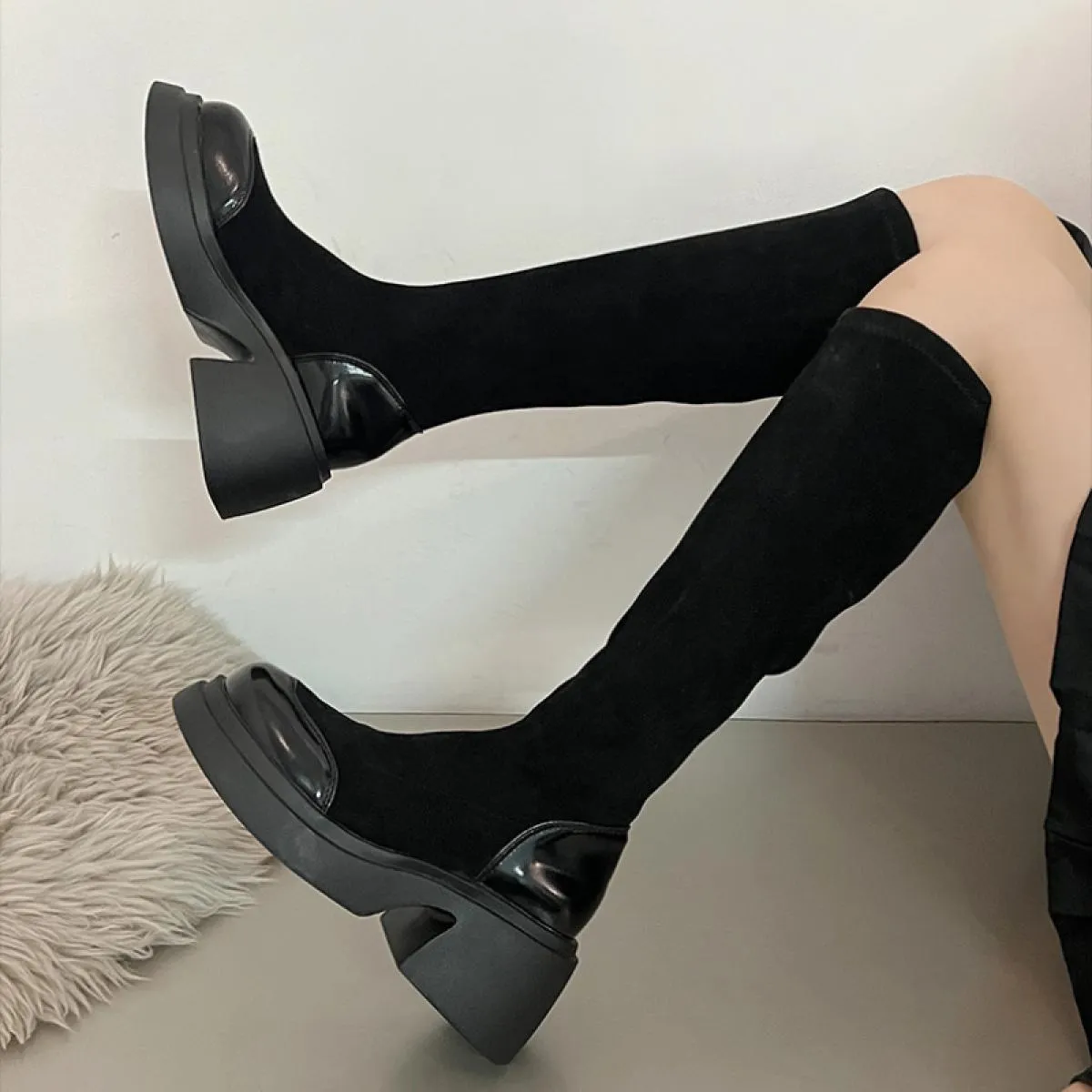 Stivali da donna con tacco grosso e tacco alto, alti, a calza, stivali alla moda, casual, con plateau, da donna, con tacco quadr