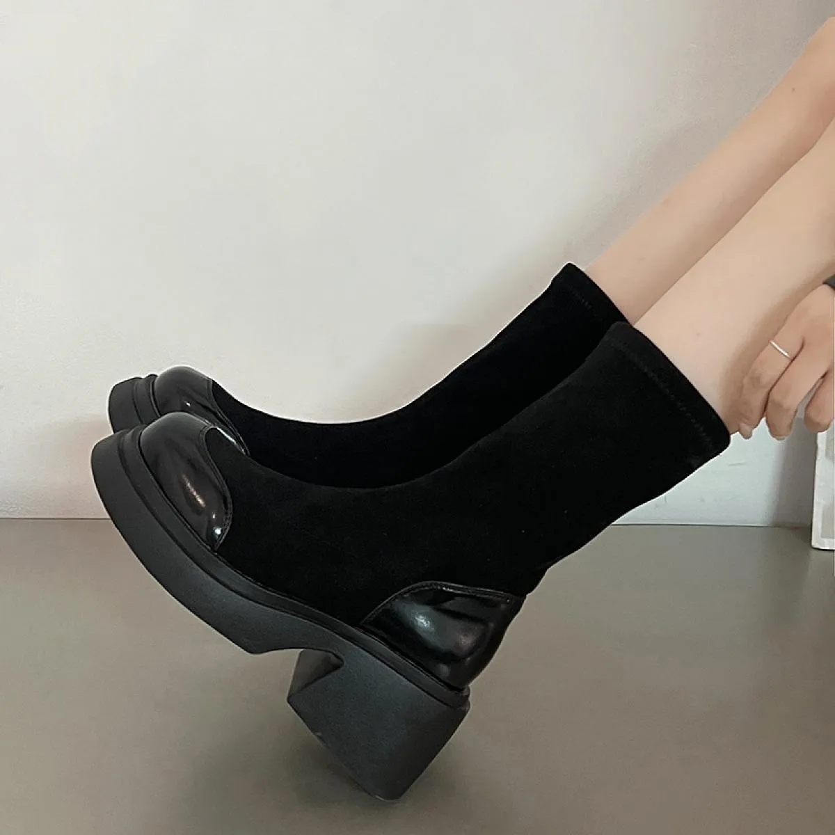 Stivali da donna con tacco grosso e tacco alto, alti, a calza, stivali alla moda, casual, con plateau, da donna, con tacco quadr