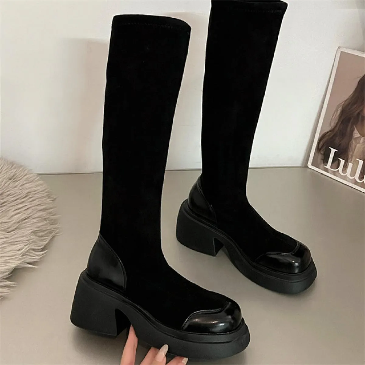 Stivali da donna con tacco grosso e tacco alto, alti, a calza, stivali alla moda, casual, con plateau, da donna, con tacco quadr
