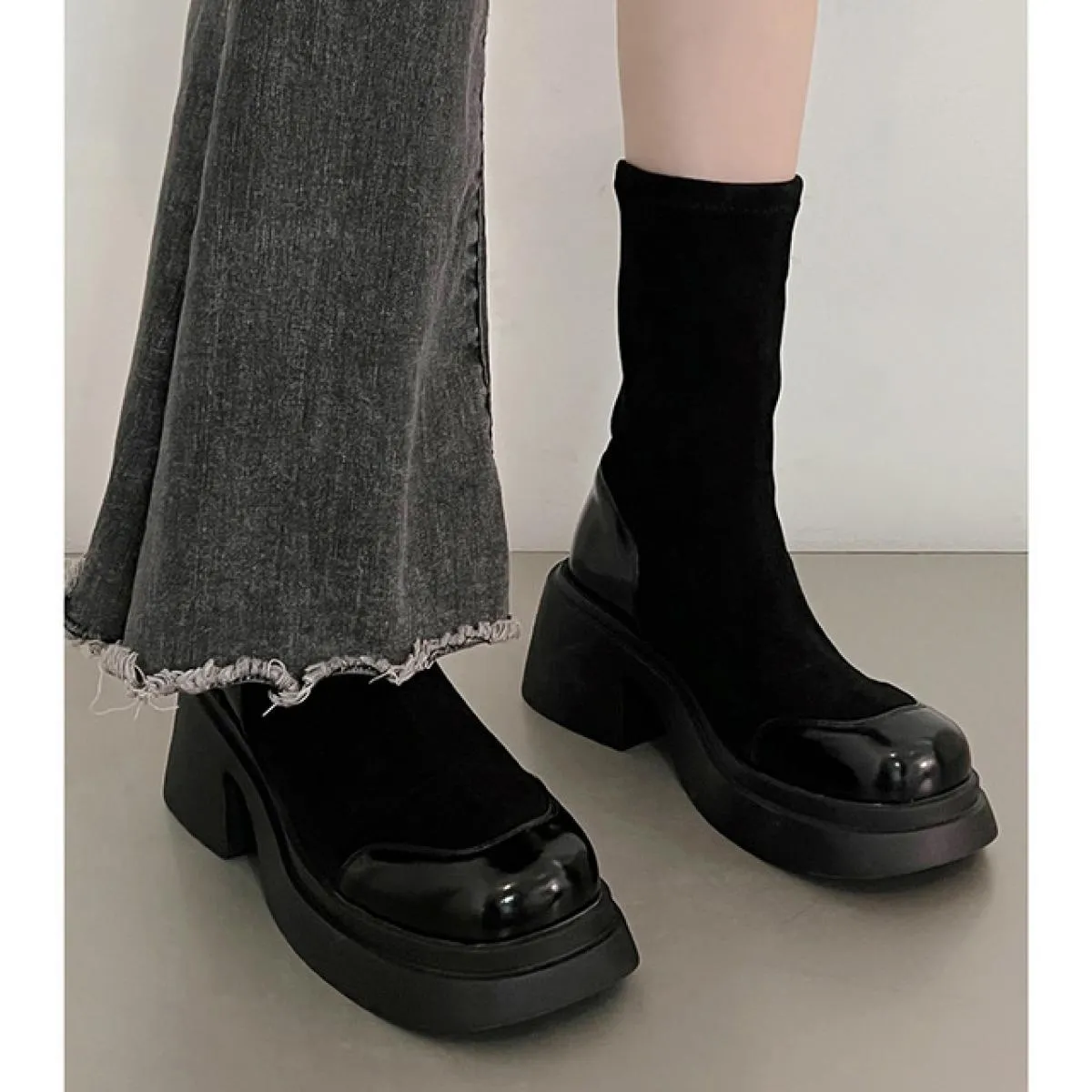 Stivali da donna con tacco grosso e tacco alto, alti, a calza, stivali alla moda, casual, con plateau, da donna, con tacco quadr