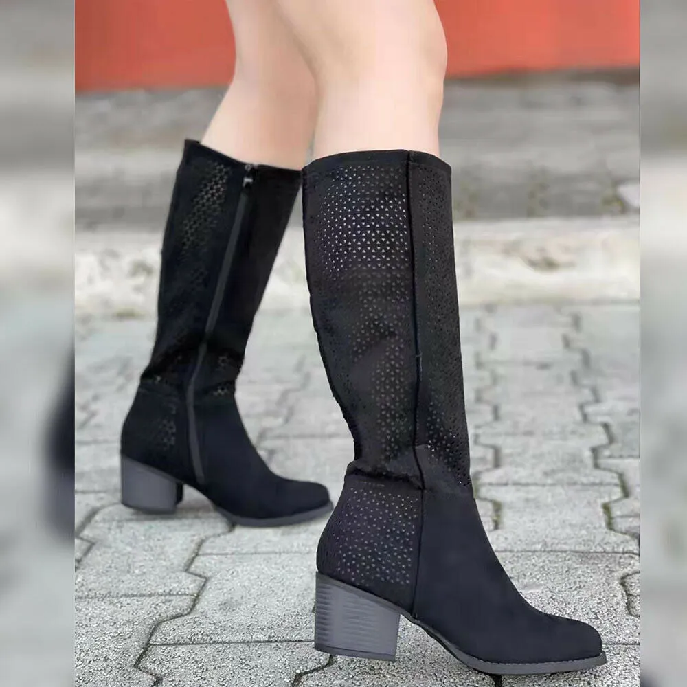 Stivali Primaverili Scamosciati Estivi Traforati Camperos Con Tacco Da Donna 665