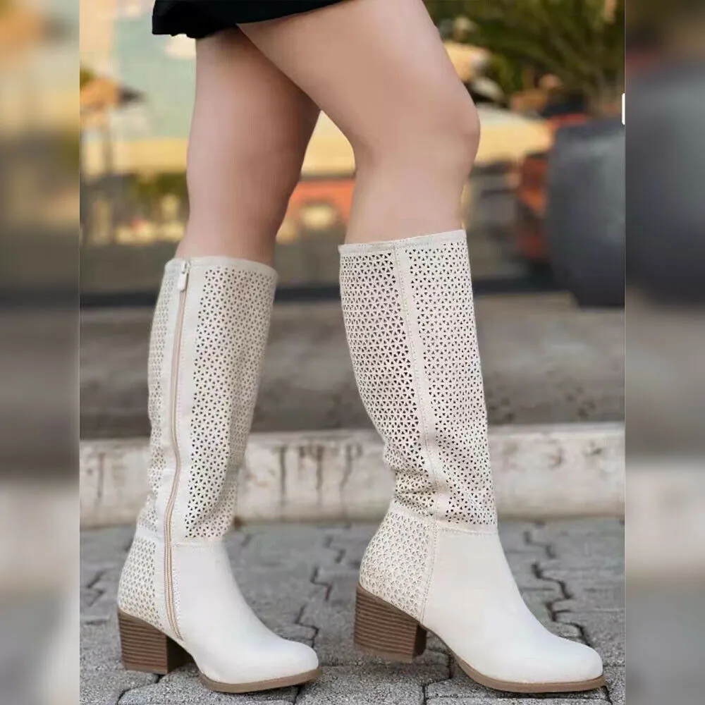 Stivali Primaverili Scamosciati Estivi Traforati Camperos Con Tacco Da Donna 665