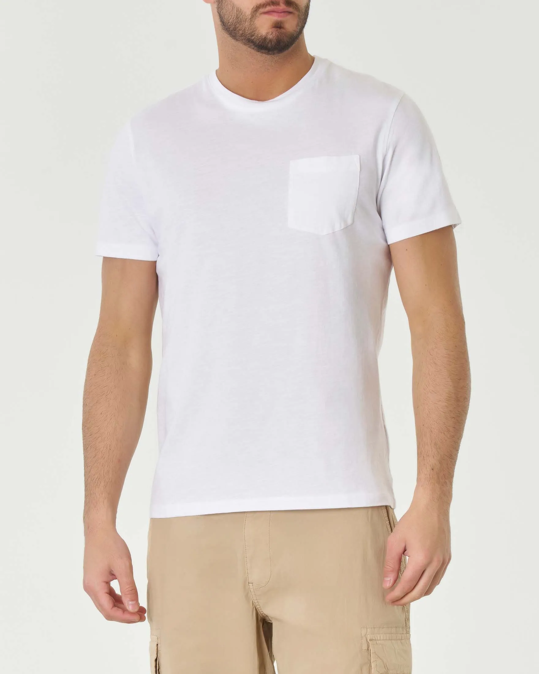 T-shirt bianca mezza manica in cotone fiammato con taschino al petto