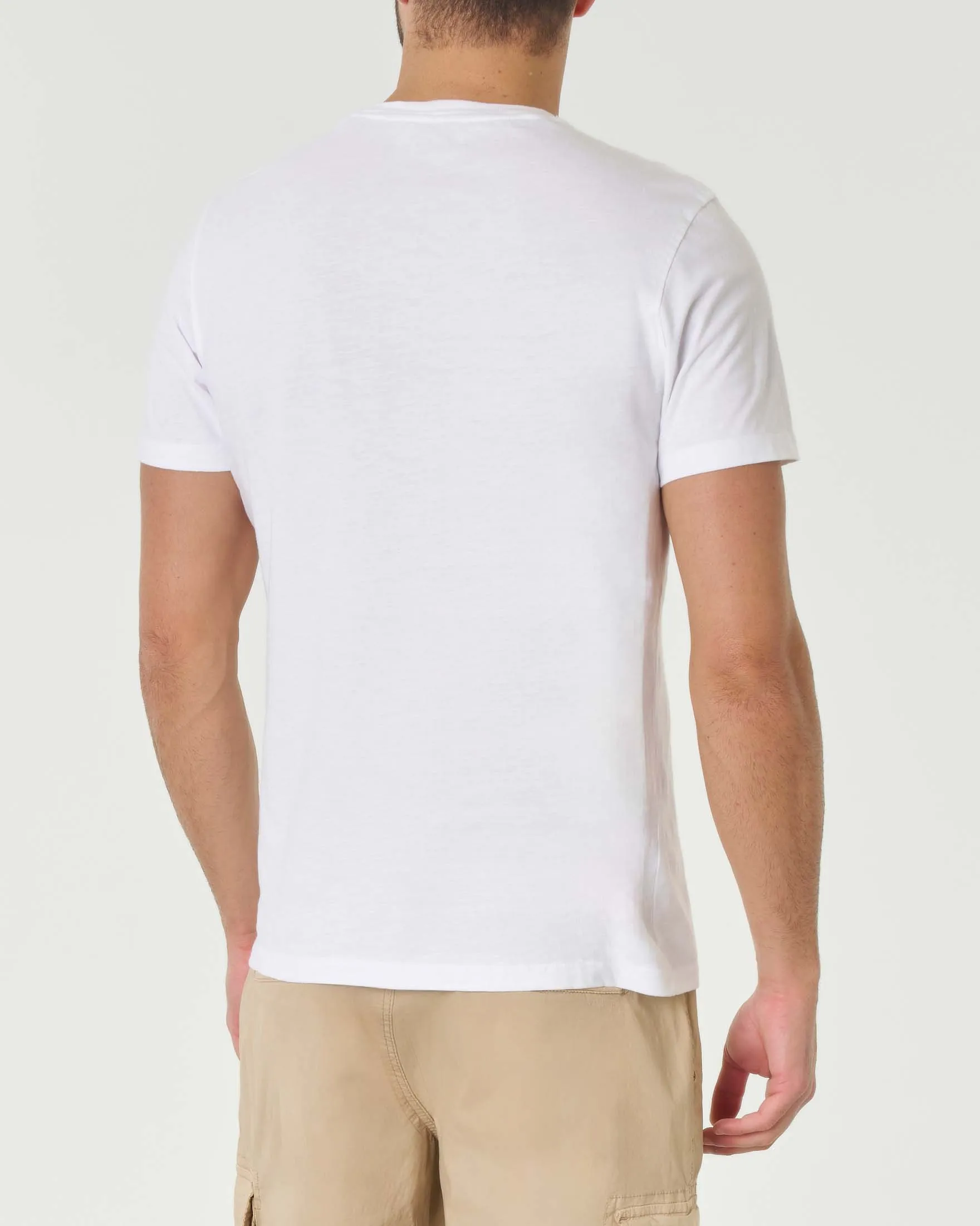 T-shirt bianca mezza manica in cotone fiammato con taschino al petto