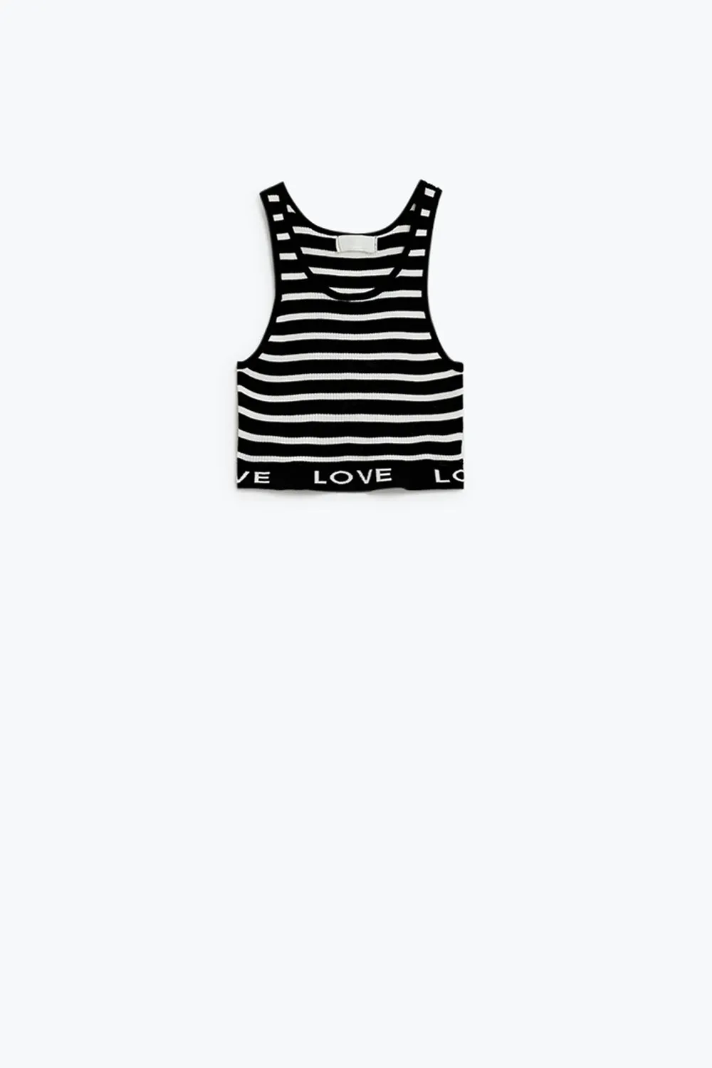 Top corto a righe con scritta Love in nero