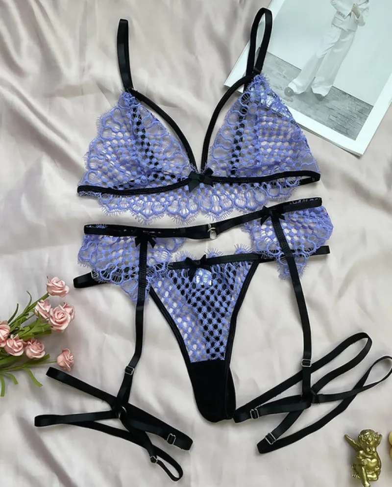 Yimunancy Set di 3 pezzi di biancheria intima a rete con scollo a V, set esotici per slip da donna